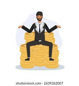 indian entrepreneur in suit sitting on money coin stack showing financial success and prosperity