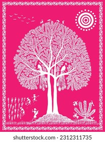 Indian Essence: Warli Art Revealing the Essence of a Tree in Traditional Framing. Warli Painting. Wallpaper illustration, warli art.