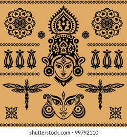 Indian ethnic decorative element of flora and fauna on a beige background