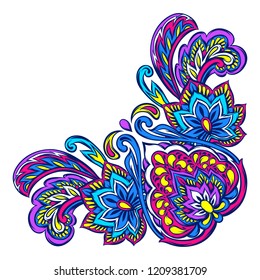 Indian ethnic decorative element. Ethnic folk ornament. Hand drawn lotus flower and paisley.