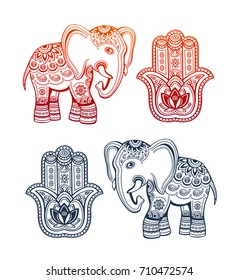 Indian ethnic elephant and hamsa hand with ethnic ornaments