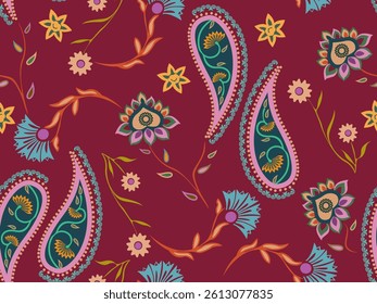 Indian ethnic floral pattern seamless paisley ornament and flower pattern traditional India textile design.