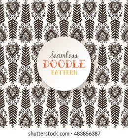 Indian ethnic floral seamless pattern with paisley and palm leaves. Orient traditional background design. Hand drawn doodle mehndi ornament, vector illustration.