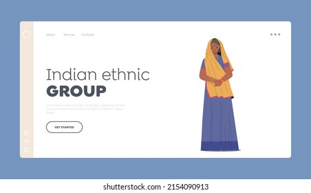 Indian Ethnic Group Landing Page Template. Smiling Aged Woman of India Society Wear Long Sari and Accessories. Old Female Character Wear Traditional Clothes. Cartoon People Vector Illustration