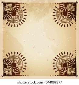 Indian ethnic henna tattoo framed background. Orient traditional background design, real henna effect. Template for mehndi ornament. Hand drawn doodle, vector illustration.
