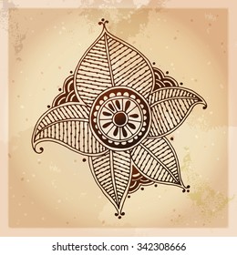 Indian ethnic henna tattoo pattern. Orient traditional background design, real henna effect. Template for mehndi ornament. Hand drawn doodle, vector illustration.
