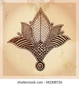 Indian ethnic henna tattoo pattern. Orient traditional background design, real henna effect. Template for mehndi ornament. Hand drawn doodle, vector illustration.