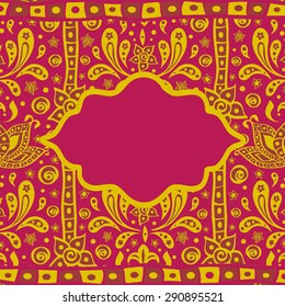Indian ethnic oriental background with empty frame for text. Card or invitation in yellow and magenta colors. Vector