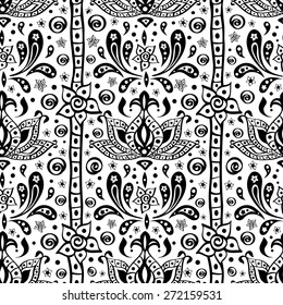 Indian ethnic oriental seamless pattern in black and white colors. Vector