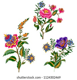 Indian ethnic ornament elements. Folk flowers and leaves for print or embroidery. 