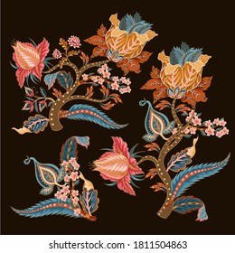 Indian ethnic ornament elements. Folk flowers and leaves for print or embroidery. Vector illustration