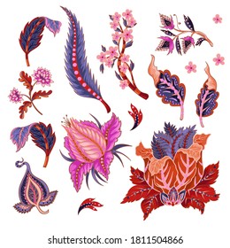Indian ethnic ornament elements. Folk flowers and leaves for print or embroidery. Vector illustration