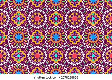 Diseño de patrones étnicos indios. Moqueta de tela azteca mandala adorno boho chevron decoración textil papel de pared. Ikat tribal turquía africanas tradicionales bordados ilustraciones de fondo.