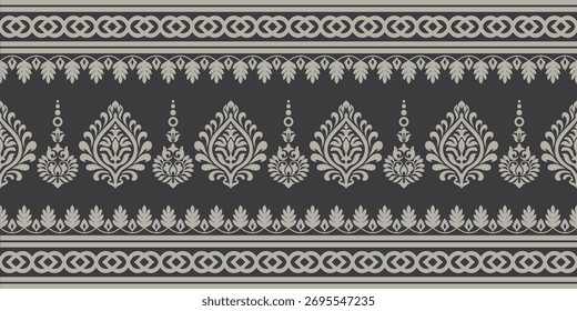 Indian ethnic pattern with elegant floral and geometric design in beige and dark gray creating beautiful traditional decorative border