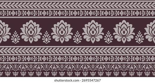 Padrão étnico indiano com elegantes motivos florais e de folha em design sem costura criando belo estilo tradicional decorativo de borda