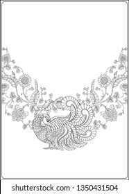 Indian ethnic pattern with stylized florwers and bird. Outline hand drawing vector illustration. Coloring page for the adult coloring book. 
