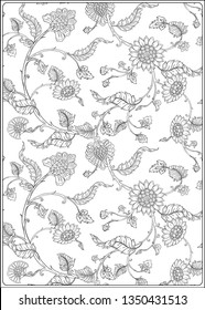 Indian ethnic pattern with stylized florwers. Outline hand drawing vector illustration. Coloring page for the adult coloring book. 
