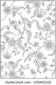 Indian ethnic pattern with stylized florwers. Outline hand drawing vector illustration. Coloring page for the adult coloring book. 
