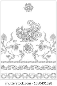 Indian ethnic pattern with stylized florwers and bird. Outline hand drawing vector illustration. Coloring page for the adult coloring book. 
