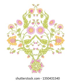 Indian ethnic pattern with stylized florwers. Colored vector illustration.  Isolated on white background.