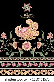 Indian ethnic pattern with stylized florwers and bird. Colored vector illustration.  Isolated on white background. Good for the cover of a notebook, tablet, phone