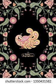 Indian ethnic pattern with stylized florwers and bird. Colored vector illustration.  Isolated on white background. Good for the cover of a notebook, tablet, phone