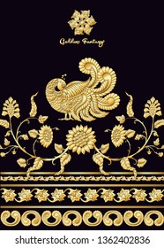 Indian ethnic pattern with stylized florwers with bird. In gold and black
Vector illustration in gold colors. 
