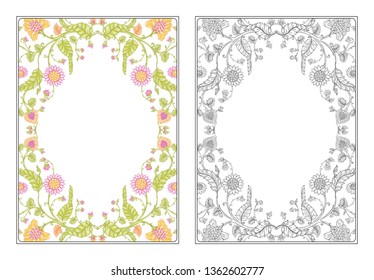 Indian ethnic pattern with stylized florwers. Outline hand drawing vector illustration. Coloring page for the adult coloring book with colored sample. 
