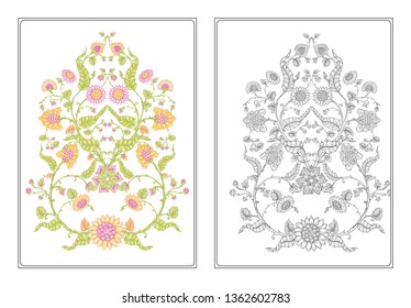 Indian ethnic pattern with stylized florwers. Outline hand drawing vector illustration. Coloring page for the adult coloring book with colored sample. 
