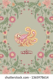 Indian ethnic pattern with stylized florwers and bird. Colored vector illustration.  Isolated on white background. Good for the cover of a notebook, tablet, phone