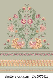 Indian ethnic pattern with stylized florwers and bird. Colored vector illustration.  Isolated on white background. Good for the cover of a notebook, tablet, phone
