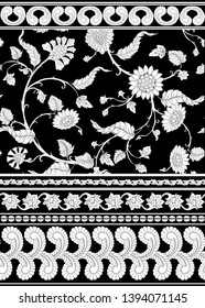 Indisches ethnisches Muster mit stilisierten Blumen.
Vektorgrafik in schwarz-weißer Grafik. 
