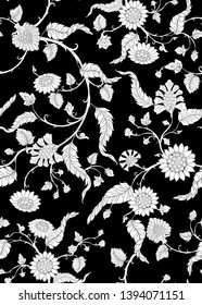 Indian ethnic pattern with stylized flowers.
Vector illustration in black and white graphic. 
