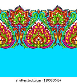 Indian ethnic seamless pattern. Ethnic folk ornament. Hand drawn lotus flower and paisley.