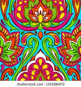 Indian ethnic seamless pattern. Ethnic folk ornament. Hand drawn lotus flower and paisley.