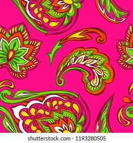 Indian ethnic seamless pattern. Ethnic folk ornament. Hand drawn lotus flower and paisley.