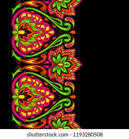 Indian ethnic seamless pattern. Ethnic folk ornament. Hand drawn lotus flower and paisley.