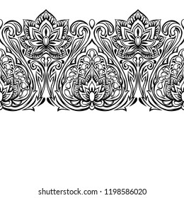 Indian ethnic seamless pattern. Ethnic folk ornament. Hand drawn lotus flower and paisley.