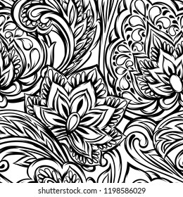 Indian ethnic seamless pattern. Ethnic folk ornament. Hand drawn lotus flower and paisley.