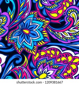 Indian ethnic seamless pattern. Ethnic folk ornament. Hand drawn lotus flower and paisley.
