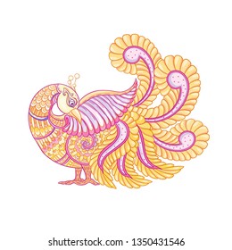 Indian ethnic stylized bird. Colored vector illustration.  Isolated on white background.