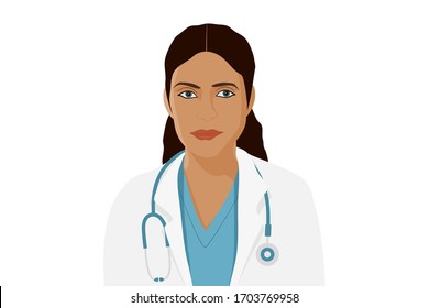 Indian Ethnicity Female Doctor. Adult Woman Wearing White Coat And Stethoscope. Vector.