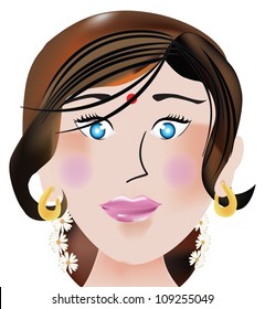 Indian face, female, bindi on the forehead, blue eyes, gold earrings, vector illustration