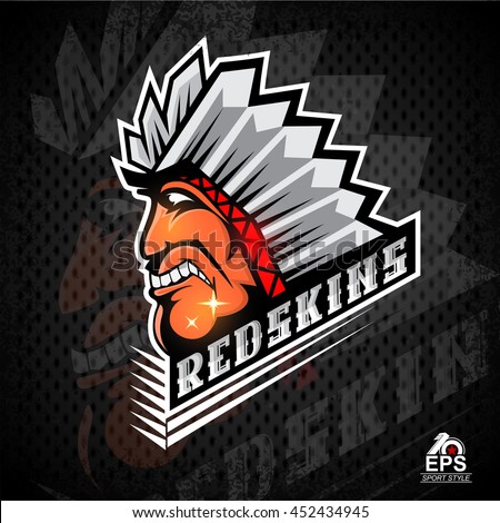 Indian face in profile with feathers. Logo for any sport team redskins