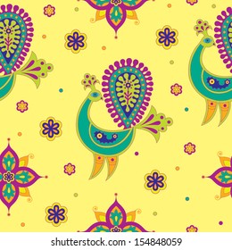 Indian fairy tale pattern with bird and flowers. Vector illustration 