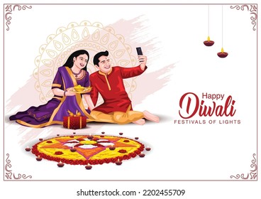 Indian family celebrate Diwali festival background with decorated Rangoli and Diya. vector illustration editable design.	