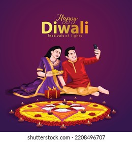 Indian family celebrate Diwali festival background with decorated Rangoli and Diya. vector illustration design.	