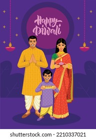 Indian family celebrate Diwali festival background. vector illustration design.