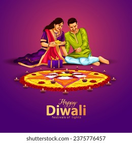 Indian family celebrate Diwali festival background with decorated Rangoli and Diya. abstract vector illustration design.