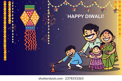 La familia india celebra los antecedentes del festival Diwali con los decorados Rangoli y Diya. diseño de ilustración vectorial